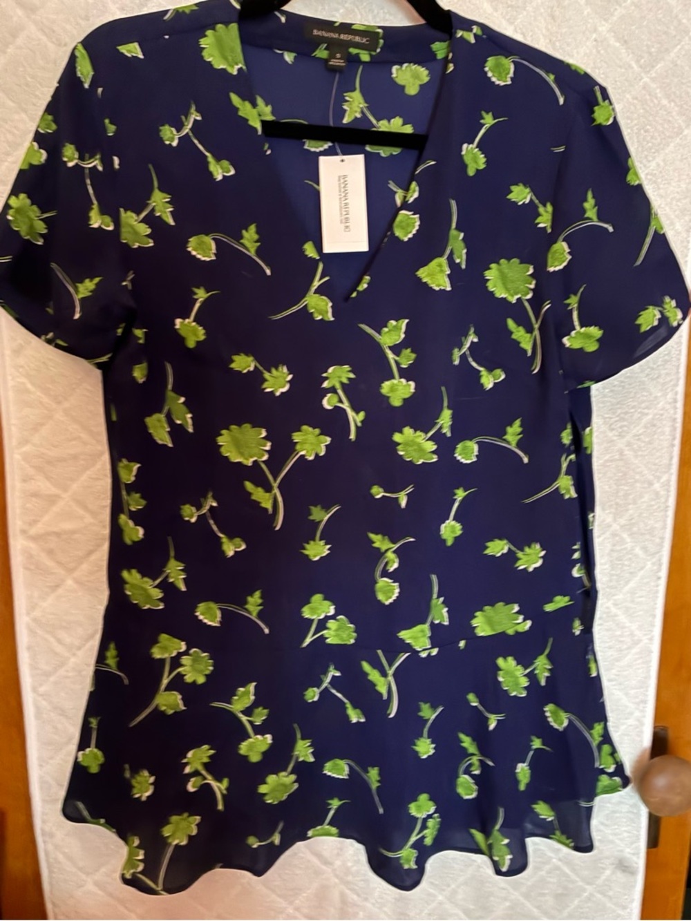 Banana Republic Navy Top with Green Floral Print V-Neck Peplum